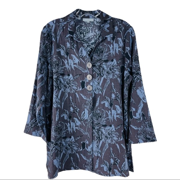 Habitat grey blue linen floral watercolor button front tunic top small - Picture 1 of 6